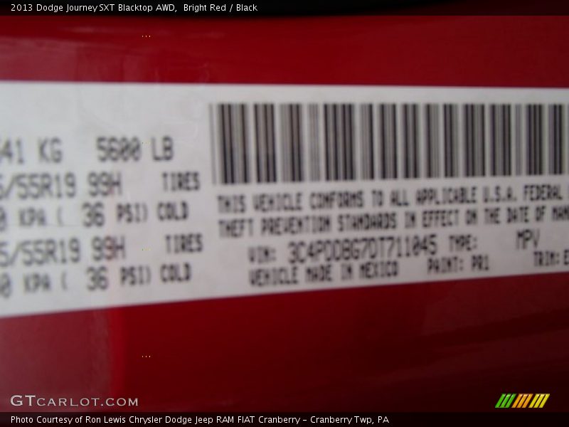 2013 Journey SXT Blacktop AWD Bright Red Color Code PR1