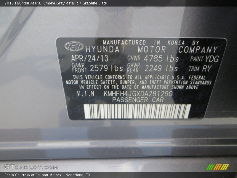 Smoke Gray Metallic / Graphite Black 2013 Hyundai Azera