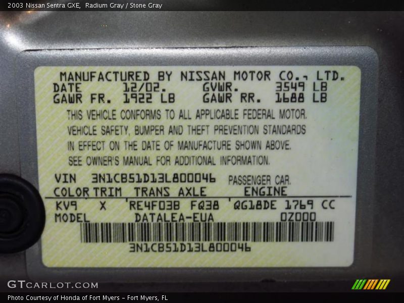2003 Sentra GXE Radium Gray Color Code KV9
