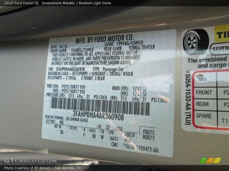 Smokestone Metallic / Medium Light Stone 2010 Ford Fusion SE