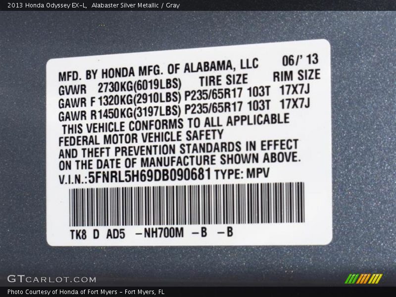 Alabaster Silver Metallic / Gray 2013 Honda Odyssey EX-L
