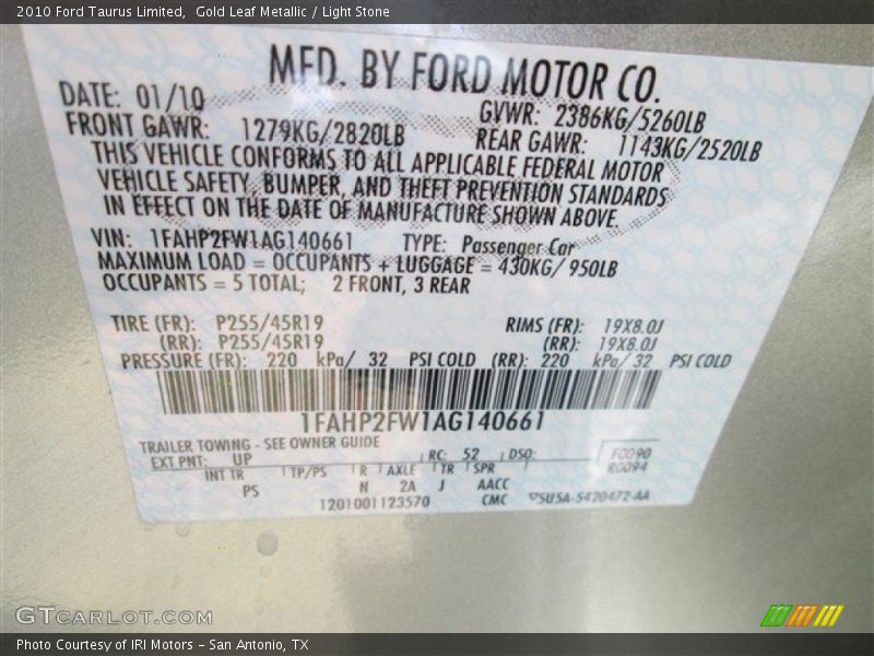 Gold Leaf Metallic / Light Stone 2010 Ford Taurus Limited