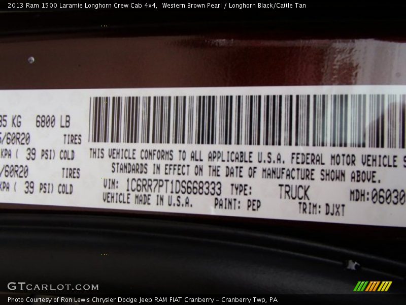 2013 1500 Laramie Longhorn Crew Cab 4x4 Western Brown Pearl Color Code PEP