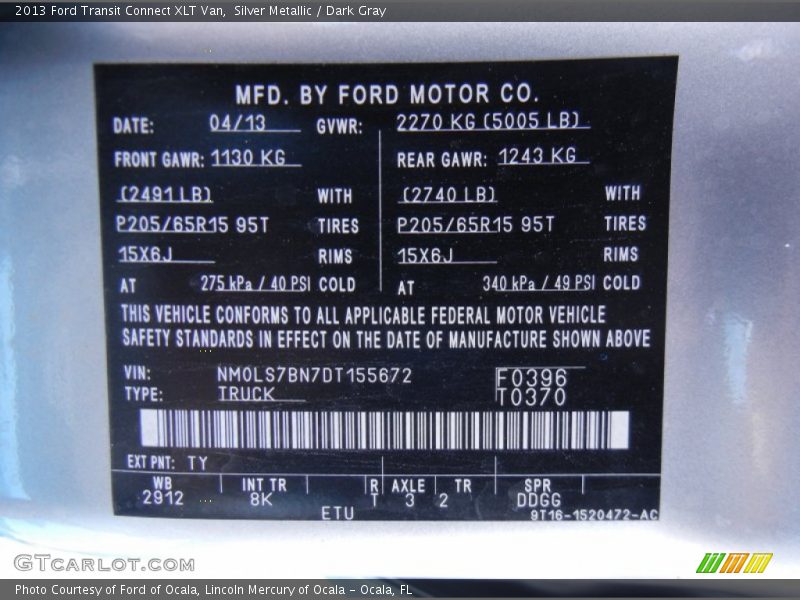 2013 Transit Connect XLT Van Silver Metallic Color Code TY