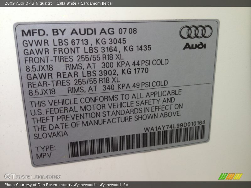 Calla White / Cardamom Beige 2009 Audi Q7 3.6 quattro