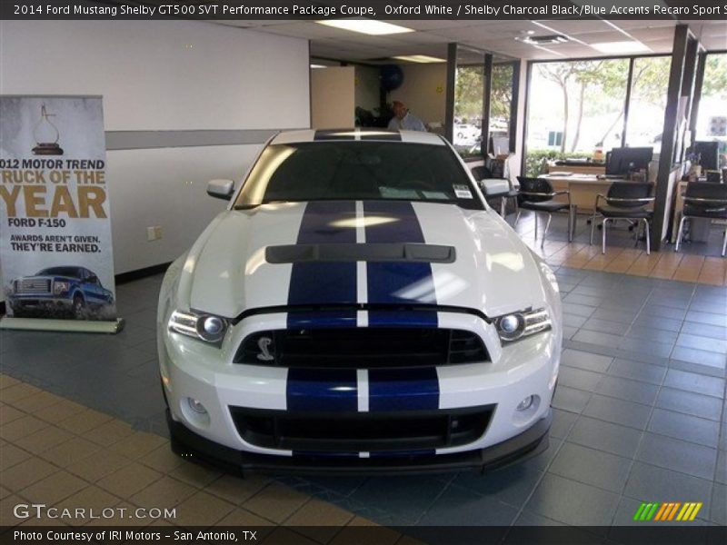 Oxford White / Shelby Charcoal Black/Blue Accents Recaro Sport Seats 2014 Ford Mustang Shelby GT500 SVT Performance Package Coupe