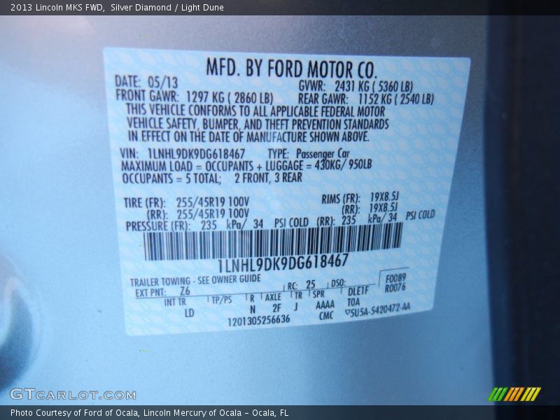2013 MKS FWD Silver Diamond Color Code Z6
