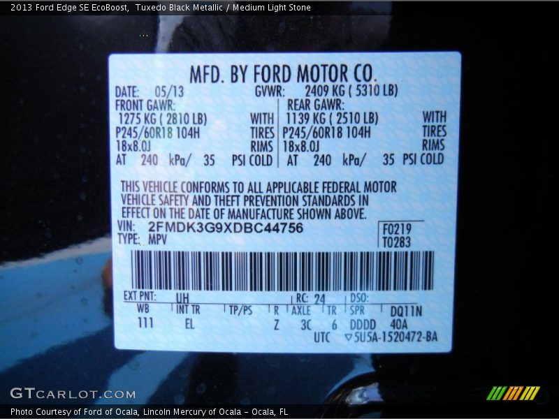Tuxedo Black Metallic / Medium Light Stone 2013 Ford Edge SE EcoBoost