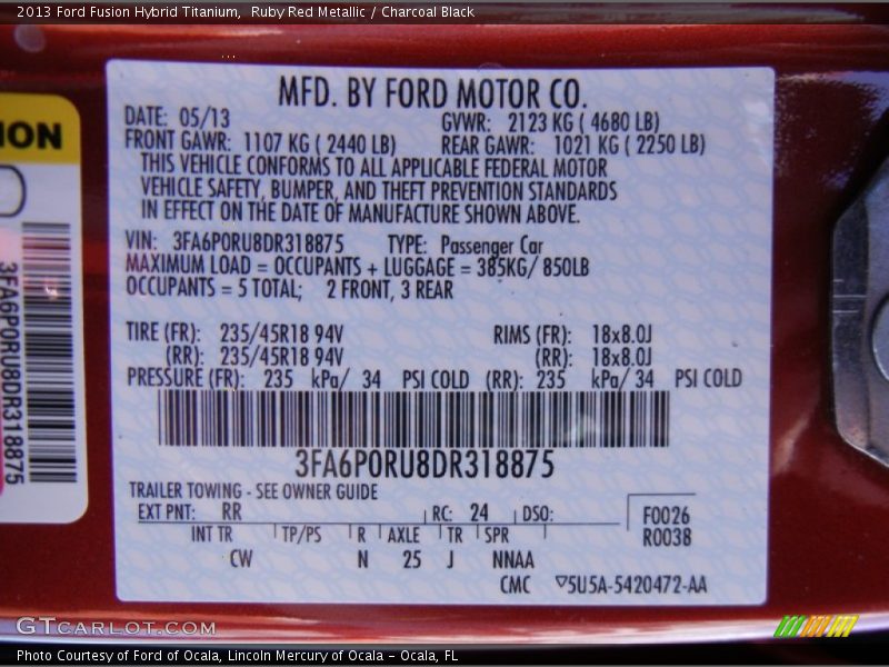 2013 Fusion Hybrid Titanium Ruby Red Metallic Color Code RR