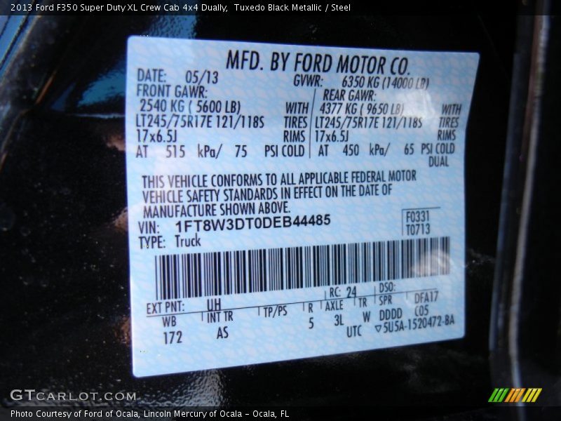 2013 F350 Super Duty XL Crew Cab 4x4 Dually Tuxedo Black Metallic Color Code UH