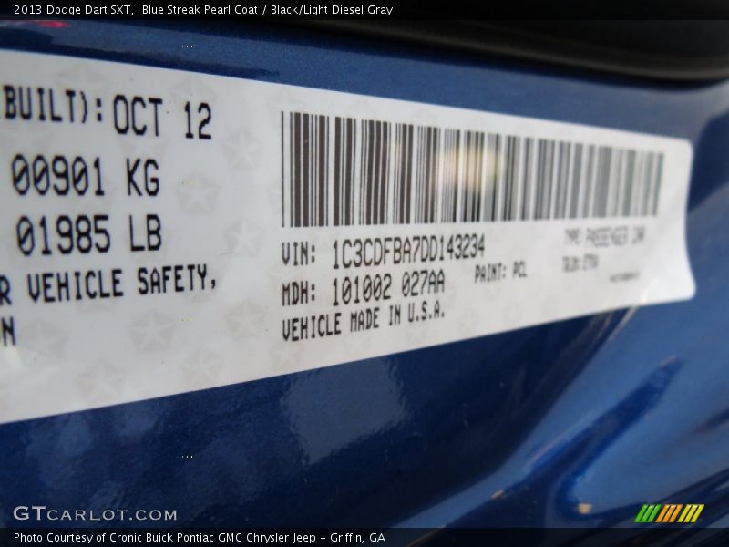 Blue Streak Pearl Coat / Black/Light Diesel Gray 2013 Dodge Dart SXT