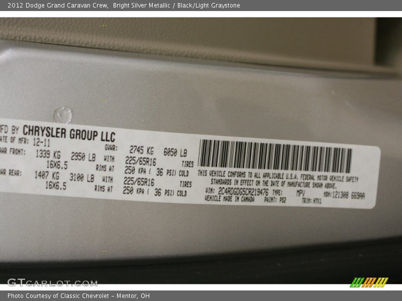 Bright Silver Metallic / Black/Light Graystone 2012 Dodge Grand Caravan Crew