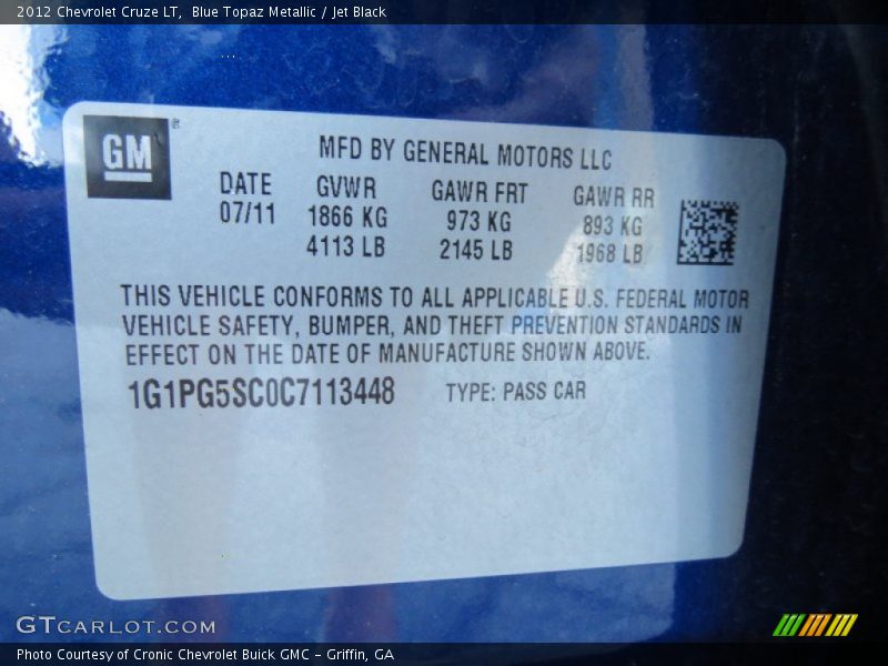 Blue Topaz Metallic / Jet Black 2012 Chevrolet Cruze LT