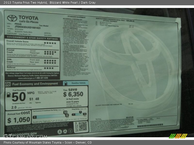 Blizzard White Pearl / Dark Gray 2013 Toyota Prius Two Hybrid