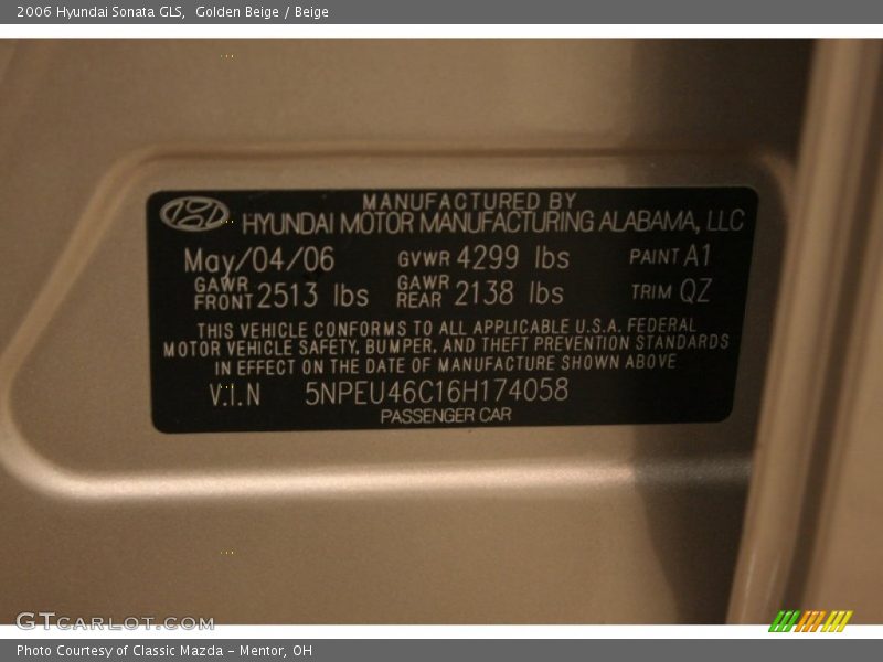 2006 Sonata GLS Golden Beige Color Code A1