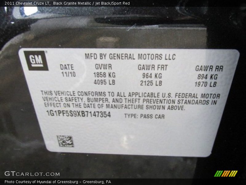 Black Granite Metallic / Jet Black/Sport Red 2011 Chevrolet Cruze LT