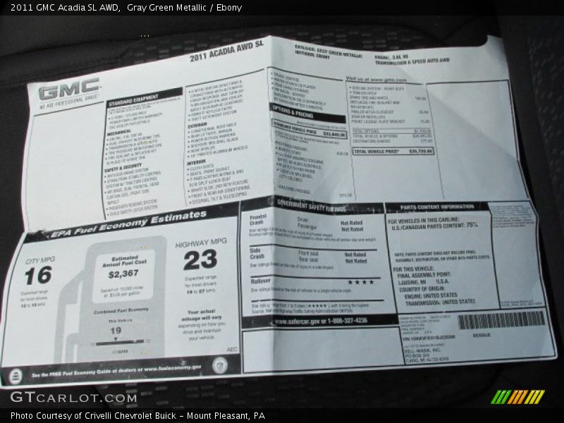  2011 Acadia SL AWD Window Sticker