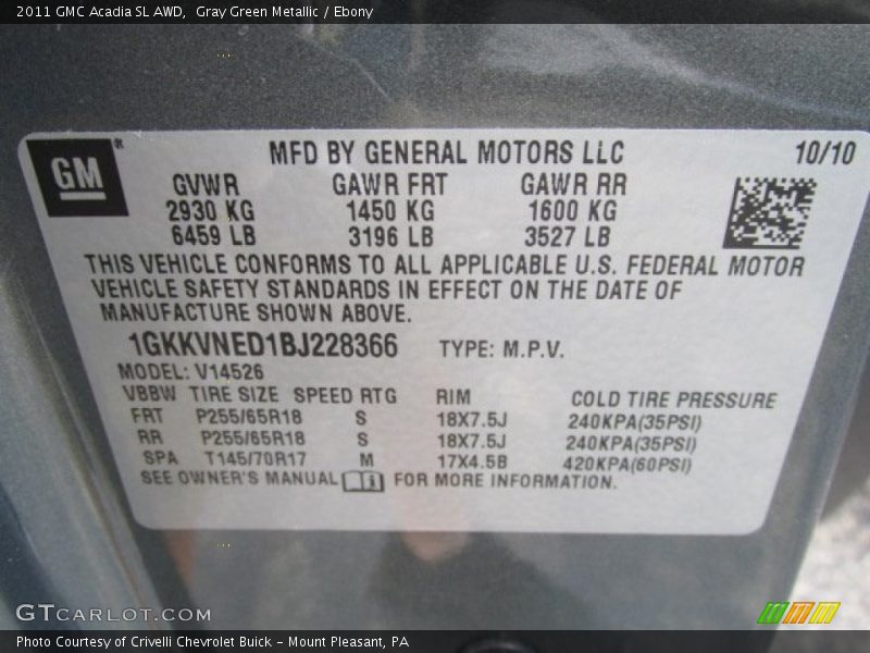 Gray Green Metallic / Ebony 2011 GMC Acadia SL AWD