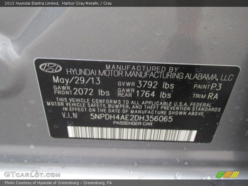 Harbor Gray Metallic / Gray 2013 Hyundai Elantra Limited