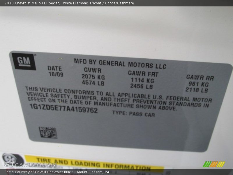 White Diamond Tricoat / Cocoa/Cashmere 2010 Chevrolet Malibu LT Sedan