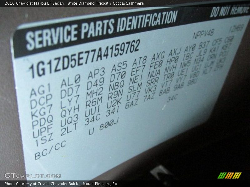 2010 Malibu LT Sedan White Diamond Tricoat Color Code 800J