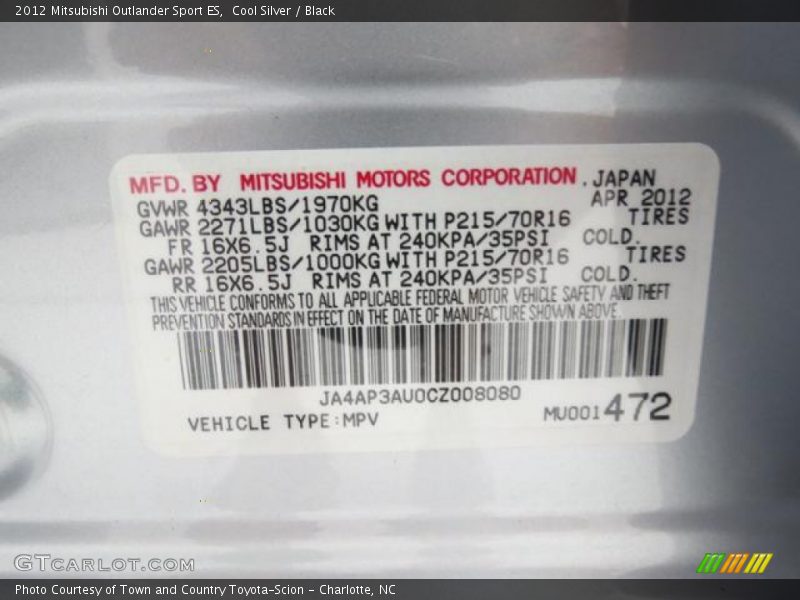 Cool Silver / Black 2012 Mitsubishi Outlander Sport ES