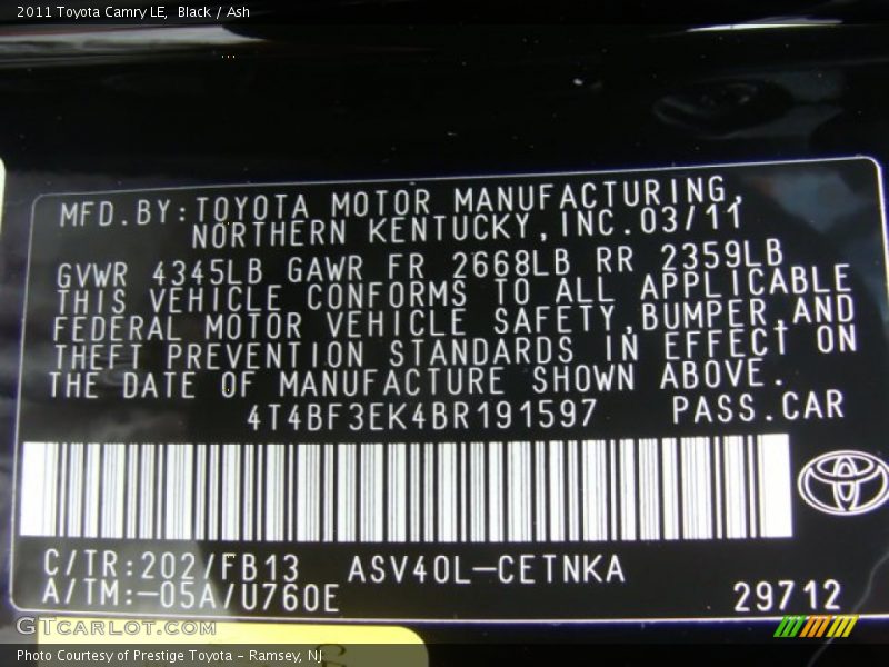 Black / Ash 2011 Toyota Camry LE