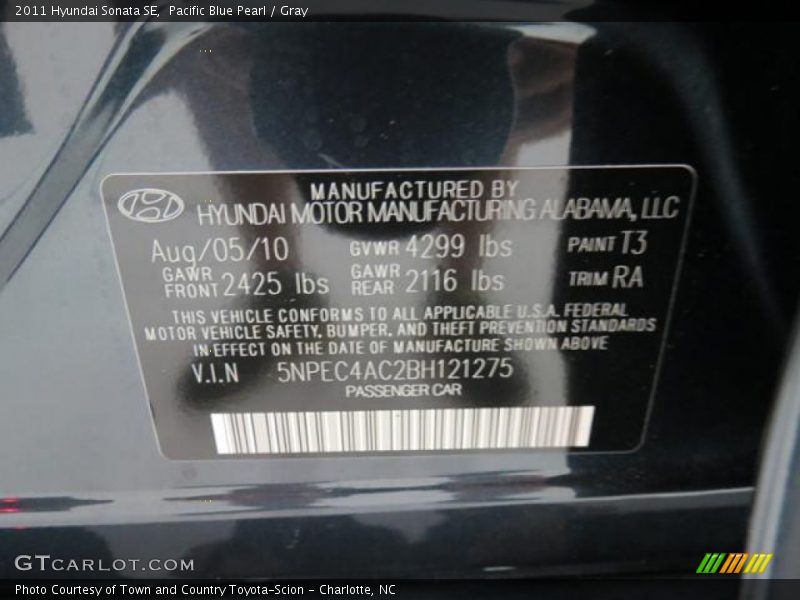 Pacific Blue Pearl / Gray 2011 Hyundai Sonata SE