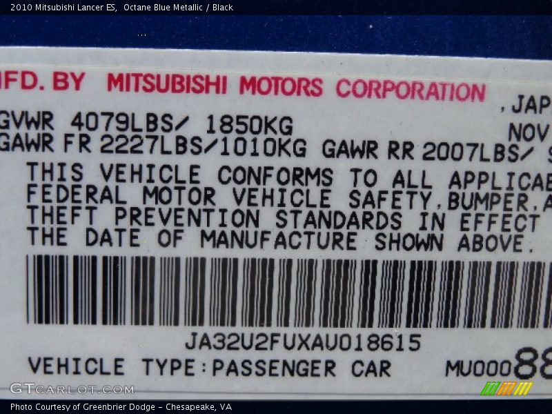 Octane Blue Metallic / Black 2010 Mitsubishi Lancer ES