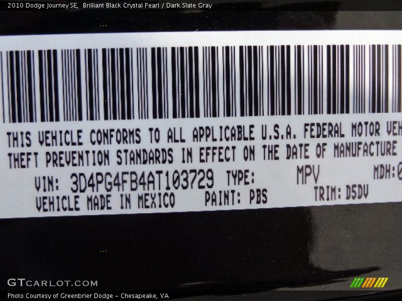 Brilliant Black Crystal Pearl / Dark Slate Gray 2010 Dodge Journey SE
