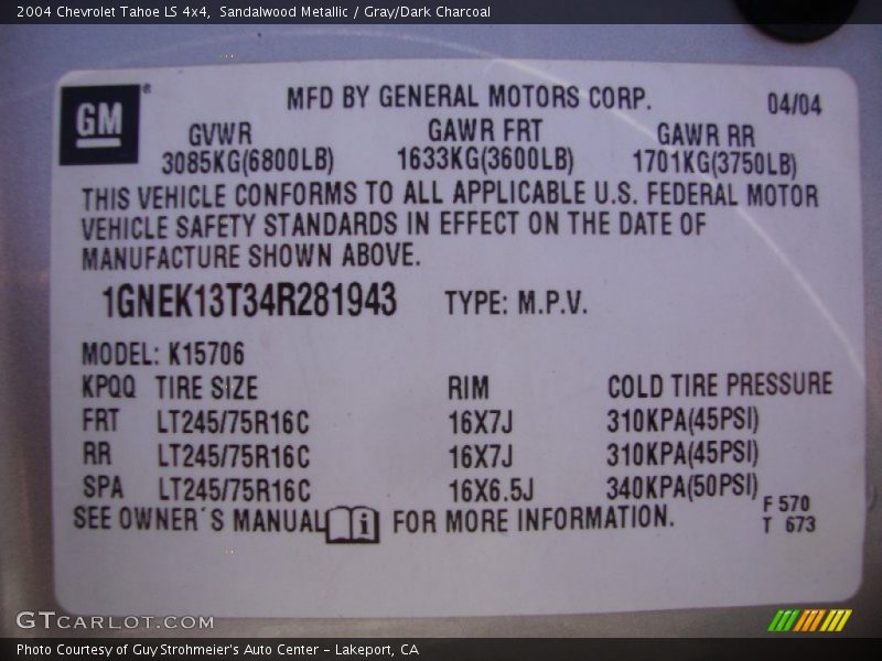 Sandalwood Metallic / Gray/Dark Charcoal 2004 Chevrolet Tahoe LS 4x4