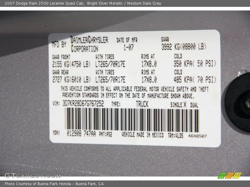 2007 Ram 2500 Laramie Quad Cab Bright Silver Metallic Color Code PS2