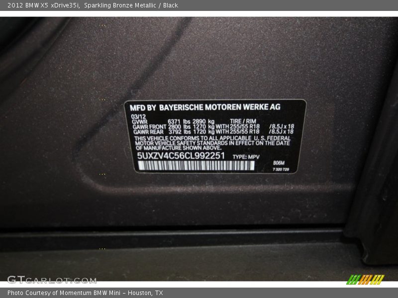 Sparkling Bronze Metallic / Black 2012 BMW X5 xDrive35i
