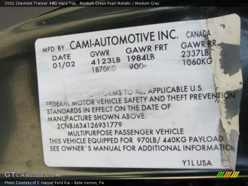 Medium Green Pearl Metallic / Medium Gray 2002 Chevrolet Tracker 4WD Hard Top