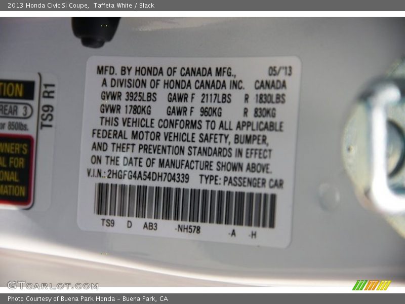 2013 Civic Si Coupe Taffeta White Color Code NH578