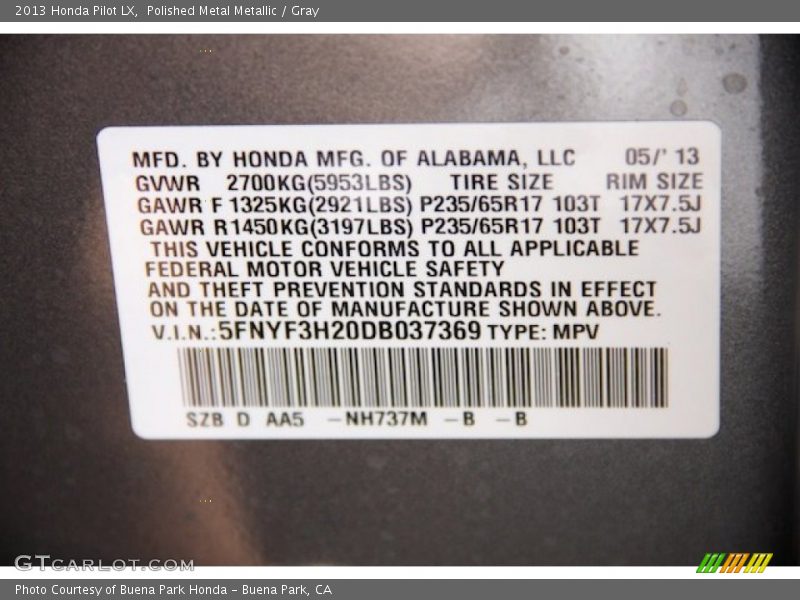 Polished Metal Metallic / Gray 2013 Honda Pilot LX