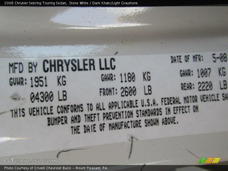 Stone White / Dark Khaki/Light Graystone 2008 Chrysler Sebring Touring Sedan