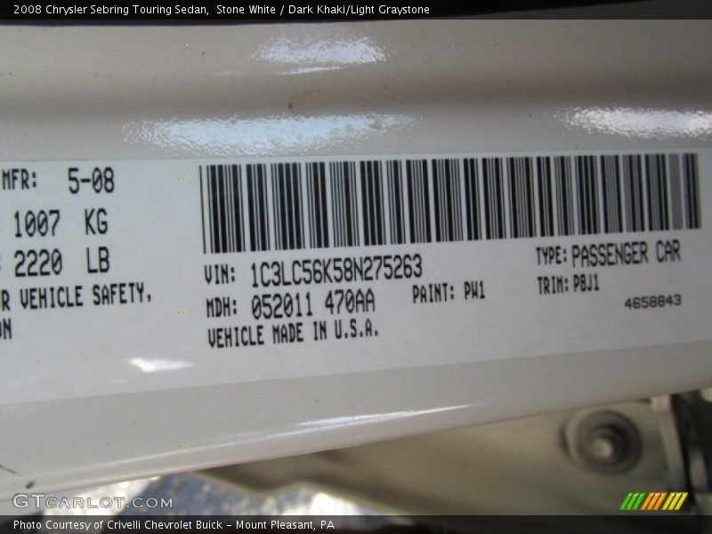 Stone White / Dark Khaki/Light Graystone 2008 Chrysler Sebring Touring Sedan