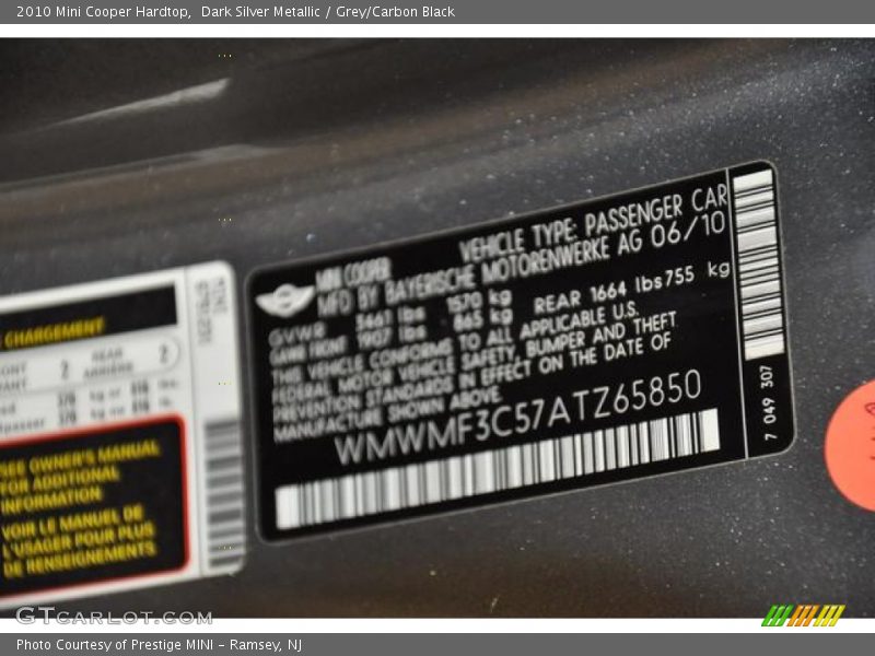 Dark Silver Metallic / Grey/Carbon Black 2010 Mini Cooper Hardtop