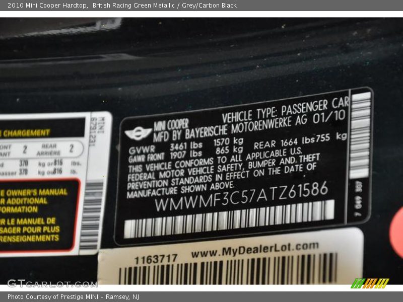British Racing Green Metallic / Grey/Carbon Black 2010 Mini Cooper Hardtop