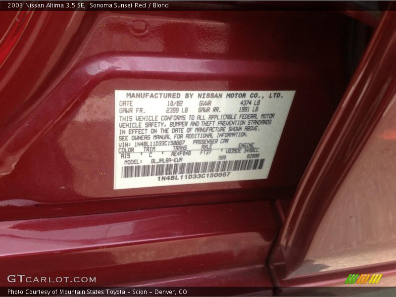 Sonoma Sunset Red / Blond 2003 Nissan Altima 3.5 SE