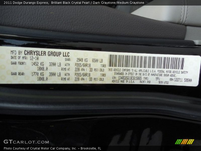Brilliant Black Crystal Pearl / Dark Graystone/Medium Graystone 2011 Dodge Durango Express