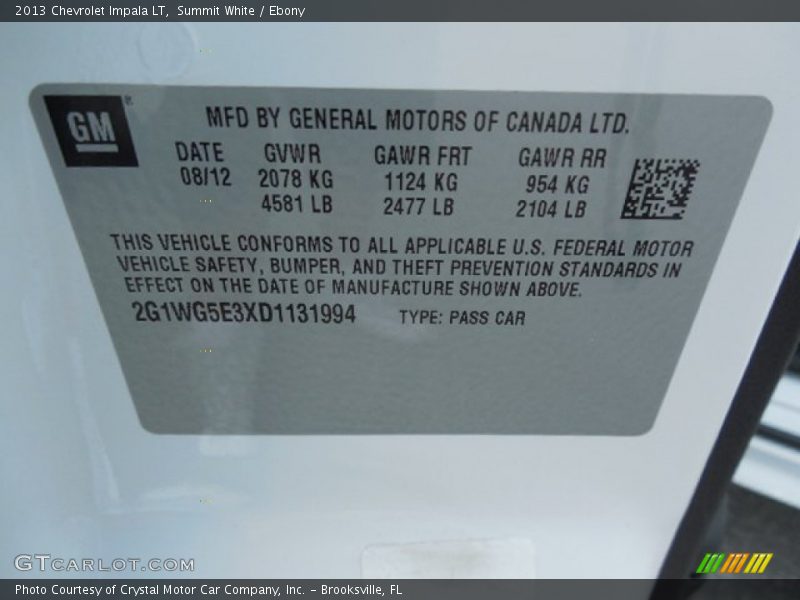 Summit White / Ebony 2013 Chevrolet Impala LT