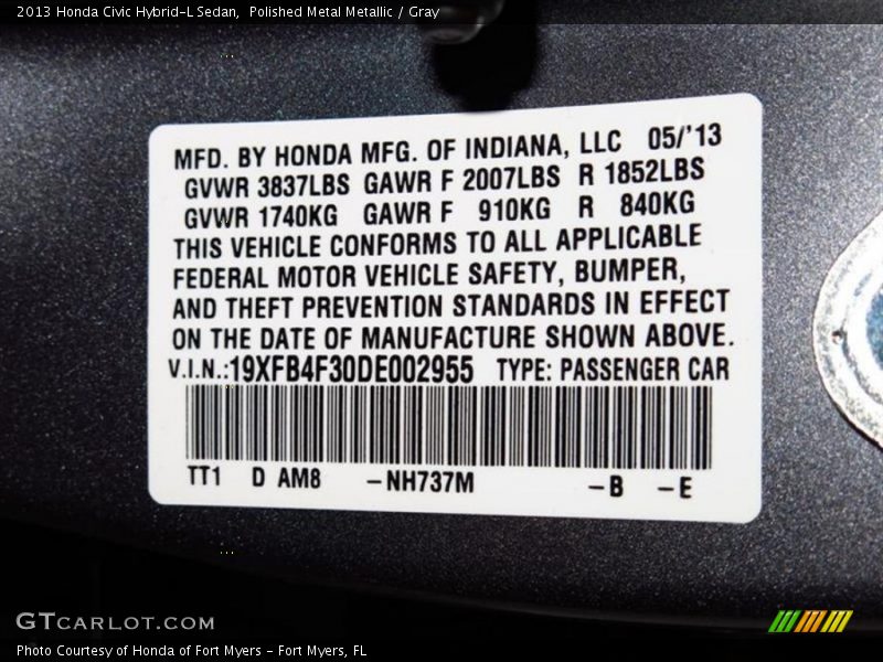 2013 Civic Hybrid-L Sedan Polished Metal Metallic Color Code NH737M
