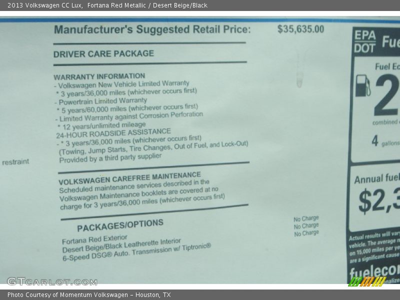 Fortana Red Metallic / Desert Beige/Black 2013 Volkswagen CC Lux