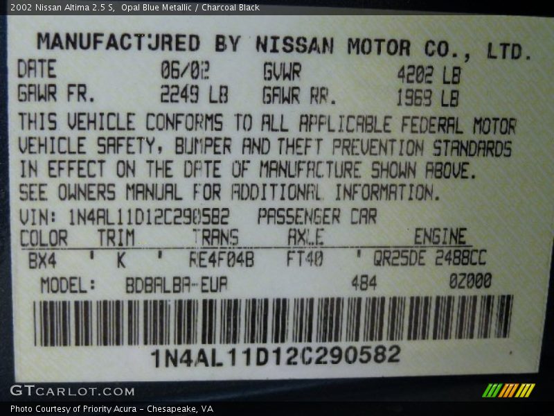 Opal Blue Metallic / Charcoal Black 2002 Nissan Altima 2.5 S