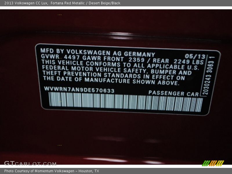 Fortana Red Metallic / Desert Beige/Black 2013 Volkswagen CC Lux