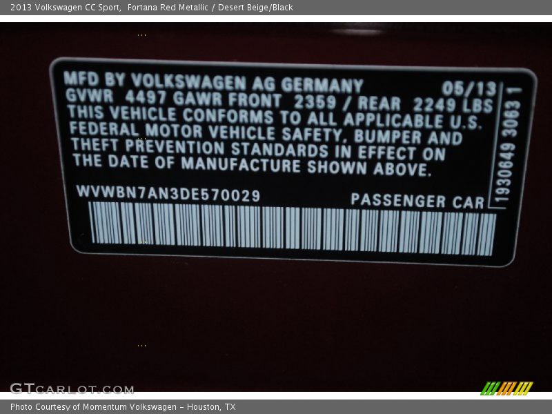 Fortana Red Metallic / Desert Beige/Black 2013 Volkswagen CC Sport