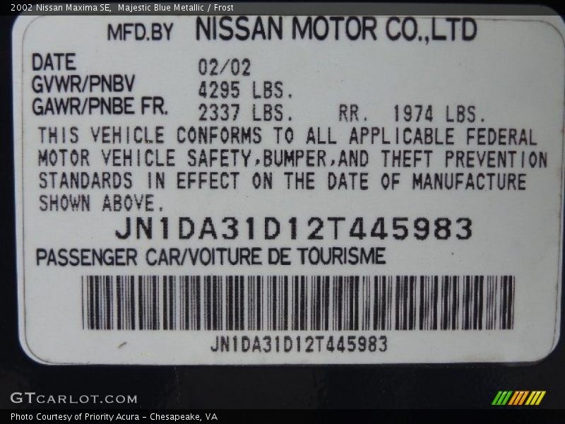 Majestic Blue Metallic / Frost 2002 Nissan Maxima SE