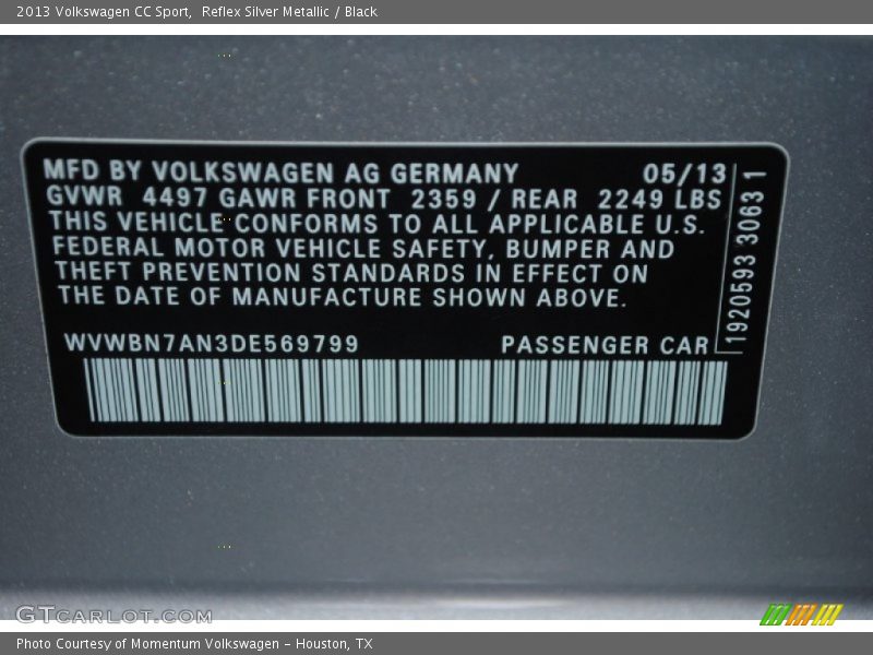 Reflex Silver Metallic / Black 2013 Volkswagen CC Sport